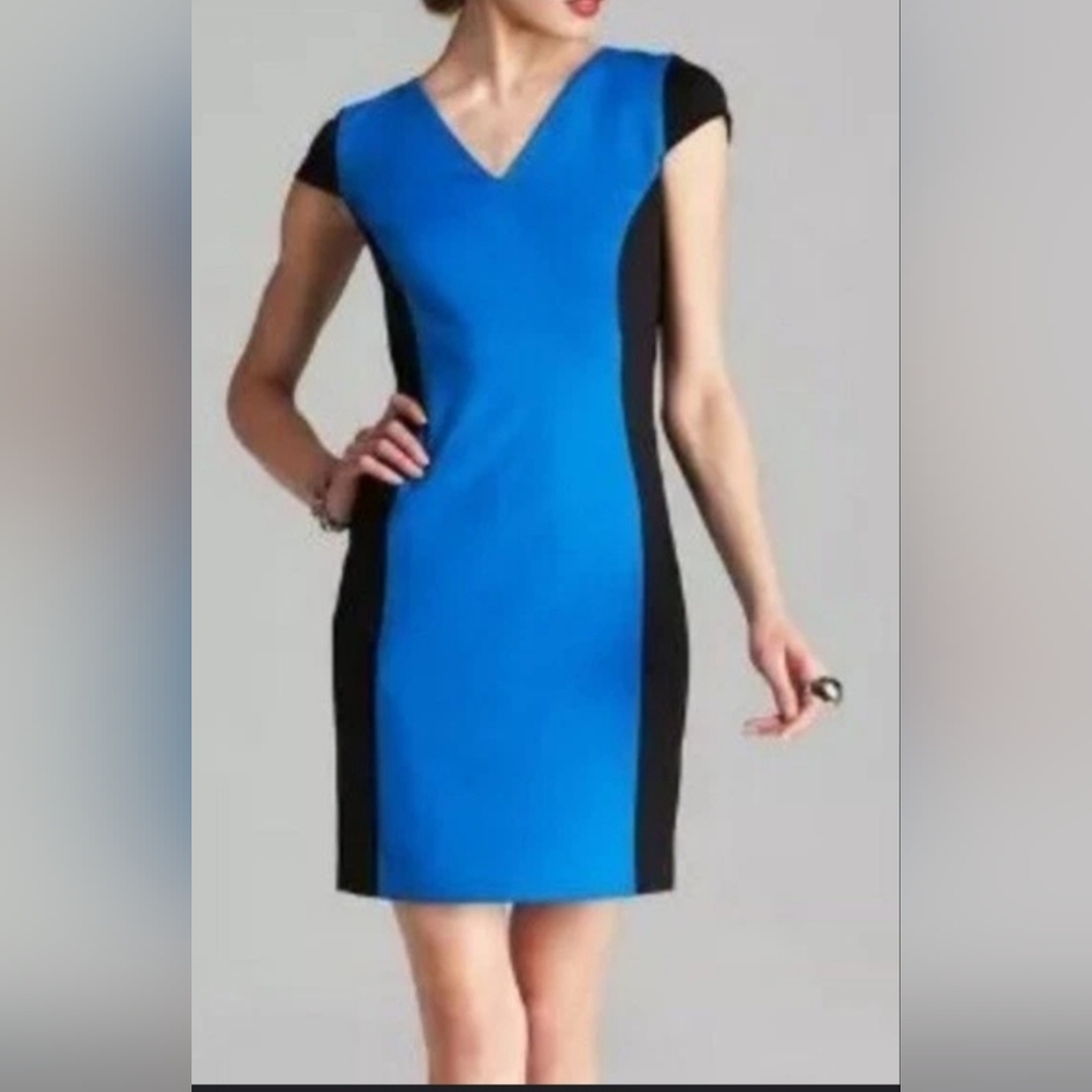 Michael Kors Cap Sleeve V-Neck Sheath Dress Midi Black and Blue Poly Rayon 2 US - Picture 3 of 16